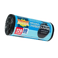 Мешки для мусора 120 л, с ушками, черные, в рулоне 30 шт., ПНД, 15 мкм, 1100х700 мм, Крепак, 4607075710375 в Энгельсе